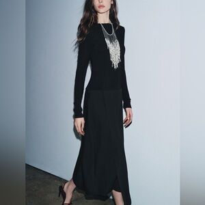 Zara NWT black drop waist ZW COLLECTION COMBINATION CONTRAST DRESS long sleeves